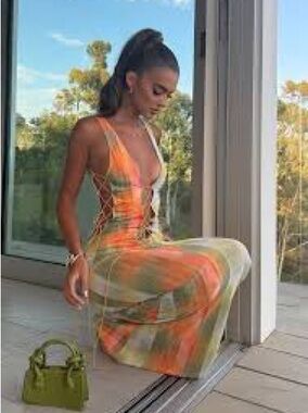 Sorelle UK - Backless Tie-Side Sheer Maxi Dress in Orange and Green
